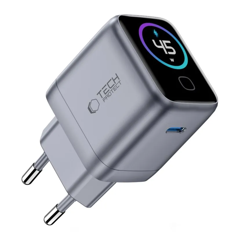 Caricatore da rete Tech-Protect NC45W Display, 45W, 3A, 1 x USB-C, Grigio - immagine 1