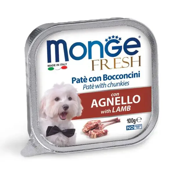 Monge Fresh Adult Patè con bocconcini 100 gr Bocconcini con Agnello - confezione da 32 pezzi - Cibo umido per cani - immagine 1