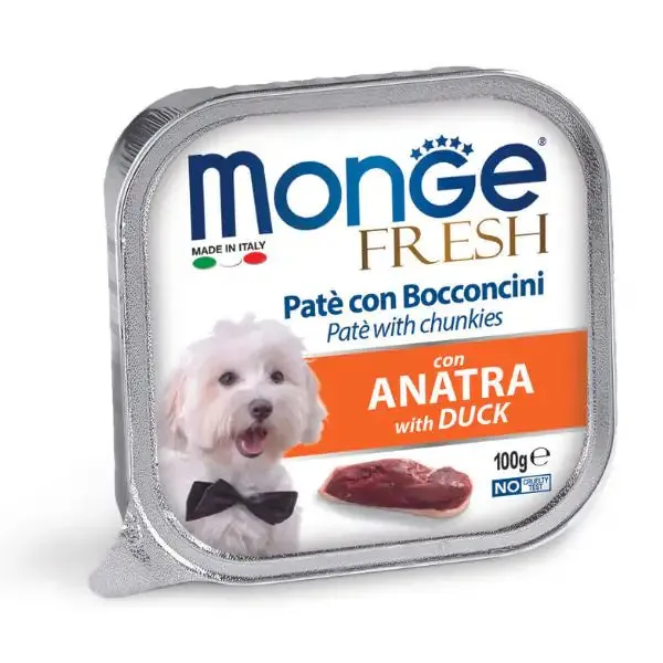 Monge Fresh Adult Patè con bocconcini 100 gr Bocconcini con Anatra - confezione da 32 pezzi - Cibo umido per cani - immagine 1