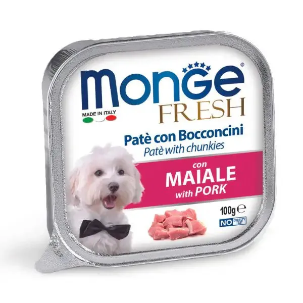 Monge Fresh Adult Patè con bocconcini 100 gr Bocconcini con Maiale - confezione da 32 pezzi - Cibo umido per cani - immagine 1