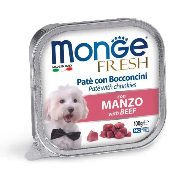 Monge Fresh Adult Patè con bocconcini 100 gr Bocconcini con Manzo - confezione da 32 pezzi - Cibo umido per cani - immagine 1