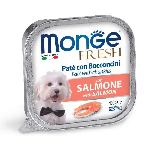 Monge Fresh Adult Patè con bocconcini 100 gr Bocconcini con Salmone - confezione da 32 pezzi - Cibo umido per cani - immagine 1