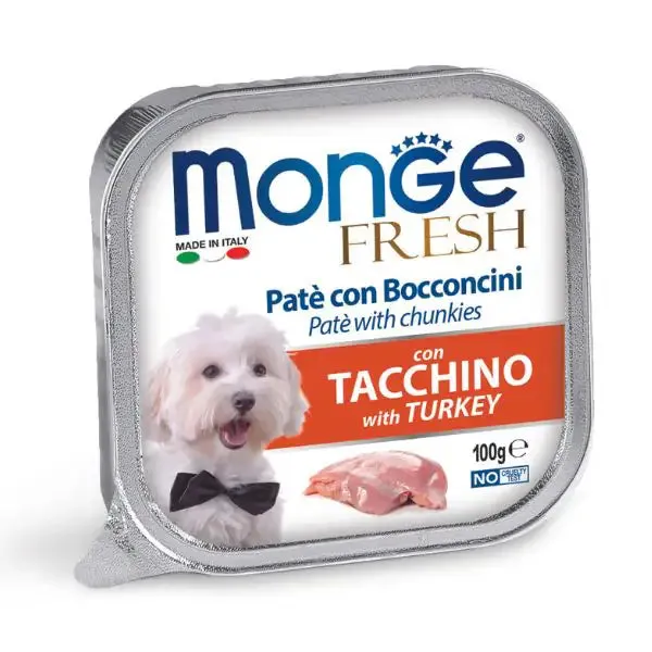 Monge Fresh Adult Patè con bocconcini 100 gr Bocconcini con Tacchino - confezione da 32 pezzi - Cibo umido per cani - immagine 1