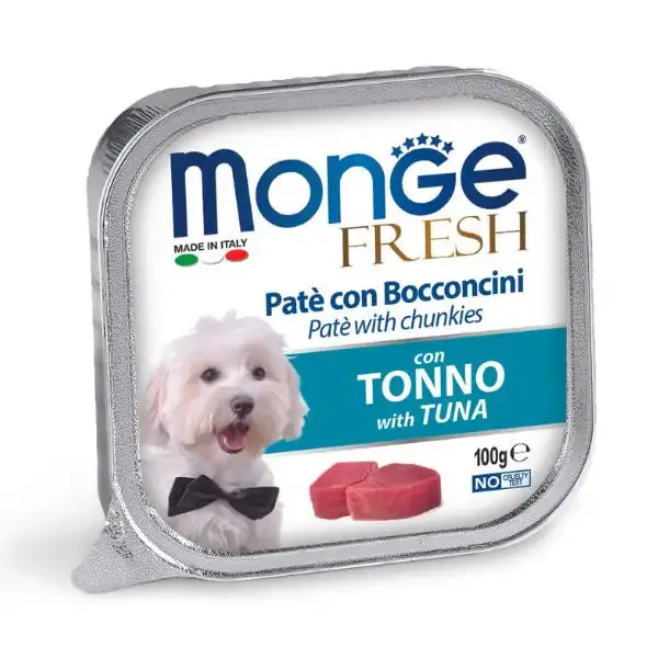 Monge Fresh Adult Patè con bocconcini 100 gr Bocconcini con Tonno - confezione da 32 pezzi - Cibo umido per cani - immagine 1