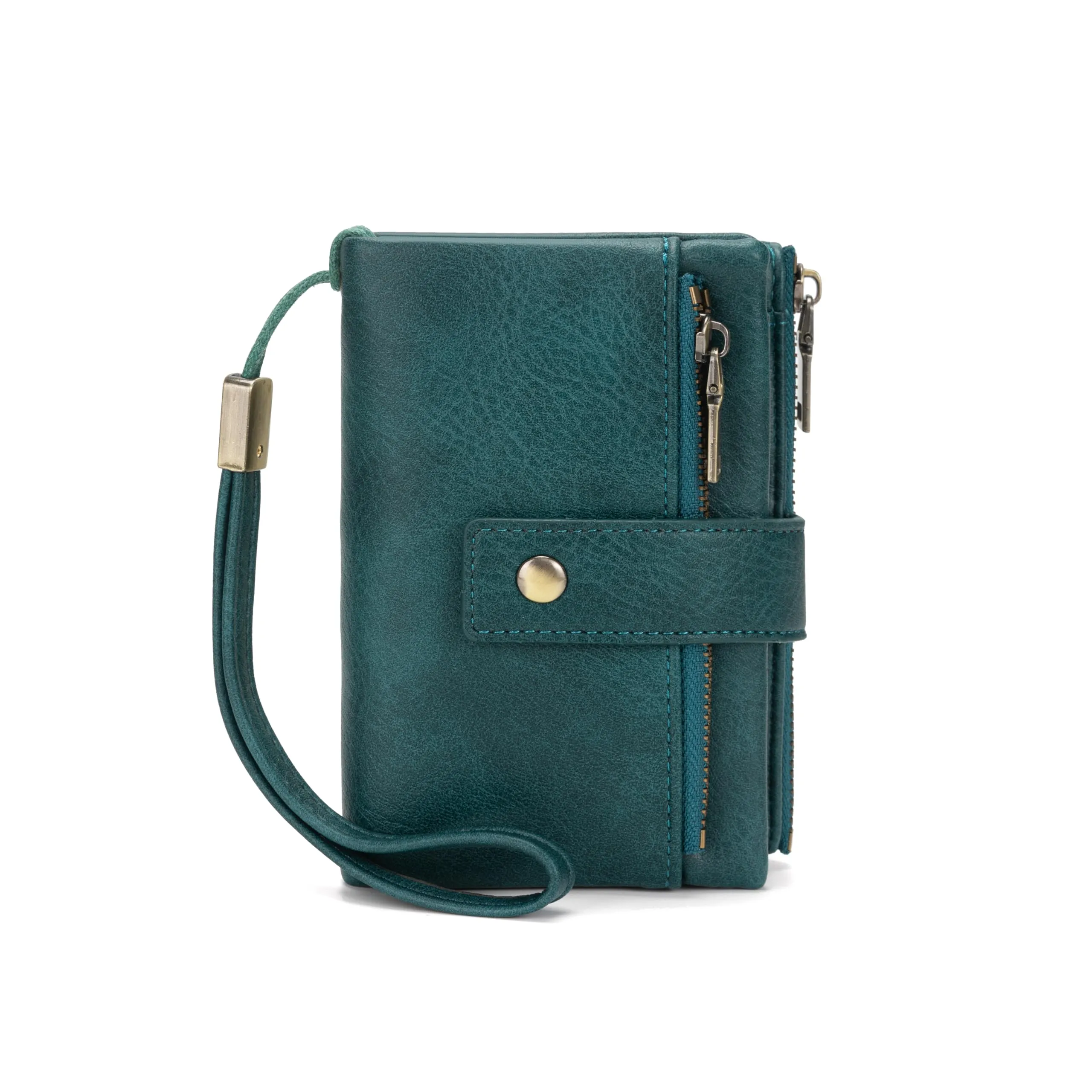 CHAOFANXI Portafoglio da Donna in Pelle PU con Protezione RFID, 15 Scomparti per Carte, Portamonete con Zip e Cinturino da Polso Rimovibile, Blu Pavone - immagine 1