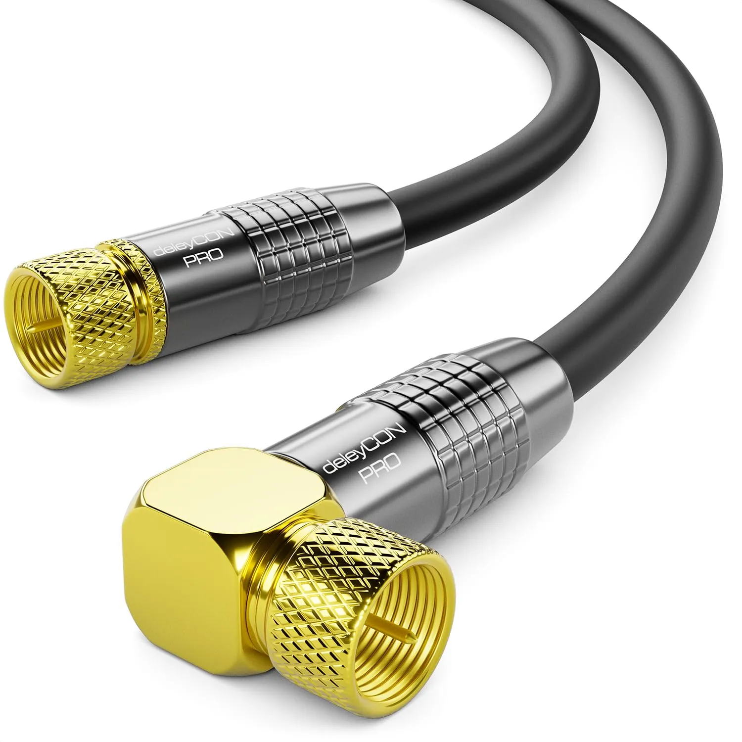 deleyCON 6m Cavo Antenna SAT Satellitare Coassiale - HDTV Full HD 4K - Connettore F 90° Angolato a Connettore F Dritto - Nero - immagine 1