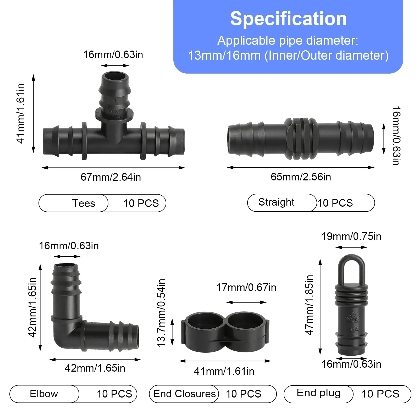 50 Pezzi Kit di Raccordi per Irrigazione per Tubi per 16mm Impianto di Irrigazione a Goccia Irrigazione Connettori con Tee Gomiti Accoppiamento Chiusura Terminale Tappi Terminali - immagine 2