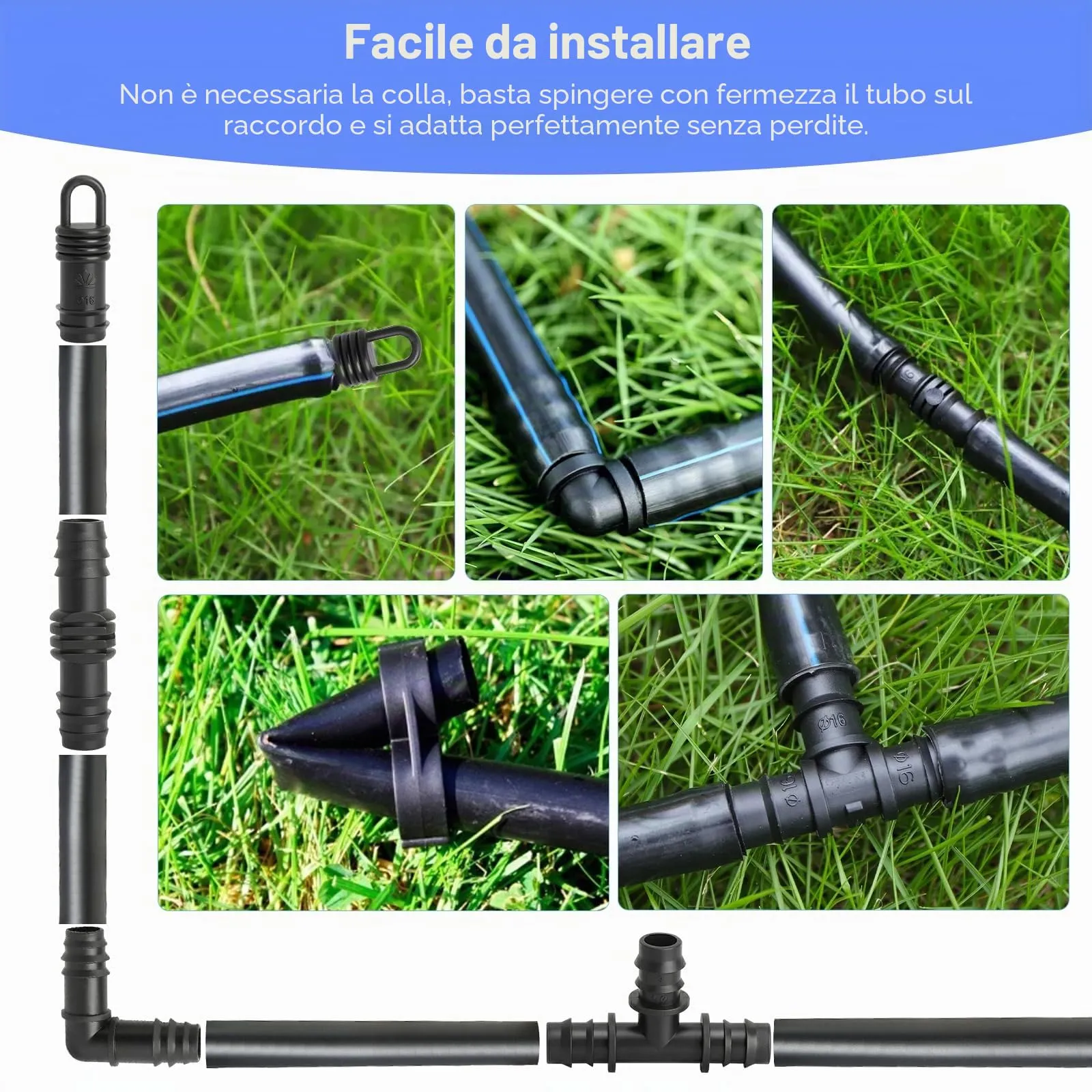 50 Pezzi Kit di Raccordi per Irrigazione per Tubi per 16mm Impianto di Irrigazione a Goccia Irrigazione Connettori con Tee Gomiti Accoppiamento Chiusura Terminale Tappi Terminali - immagine 4