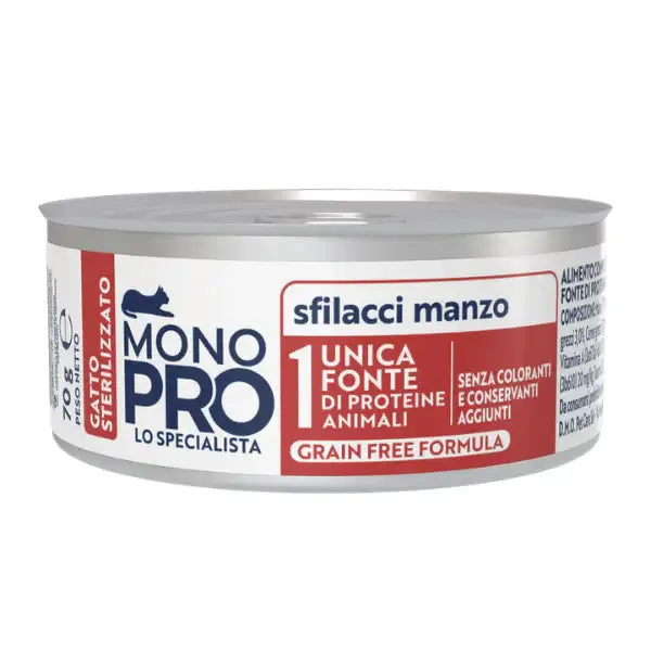 Monopro lo specialista Cat Adult Sterilised Grain free Sfilaccetti 70 gr Manzo - confezione da 6 pezzi - immagine 1