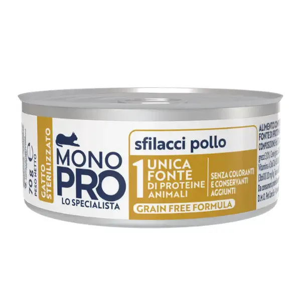Monopro lo specialista Cat Adult Sterilised Grain free Sfilaccetti 70 gr Pollo - confezione da 6 pezzi - immagine 1