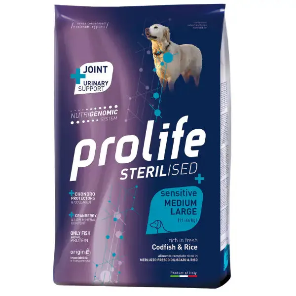 Prolife Sterilised Sensitive Medium/Large Adult Merluzzo e Riso 10 kg - Croccantini per cani - immagine 1