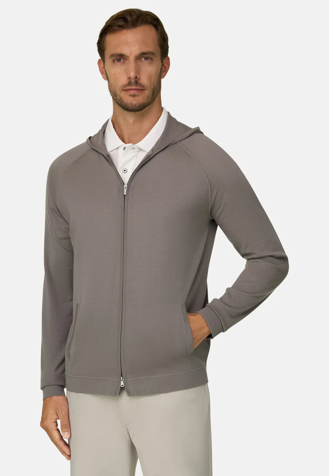 Boggi, Felpa Di Maglia Full Zip Cappuccio In Merino Superfine, Uomo, Taupe, Taglia: XXL - immagine 1