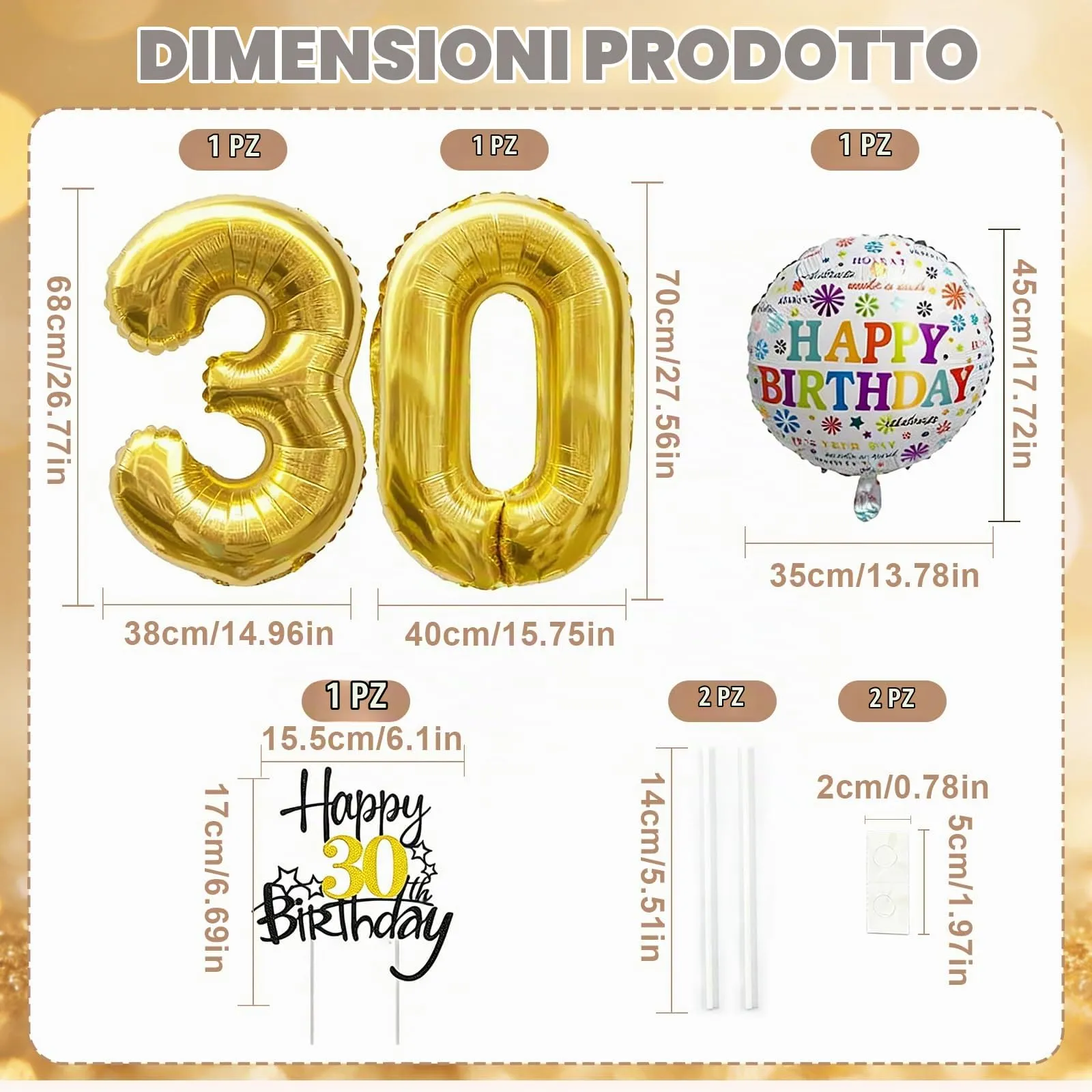 Palloncini 30° Compleanno Oro Giganti, Decorazioni 30 Anni Torta - immagine 2