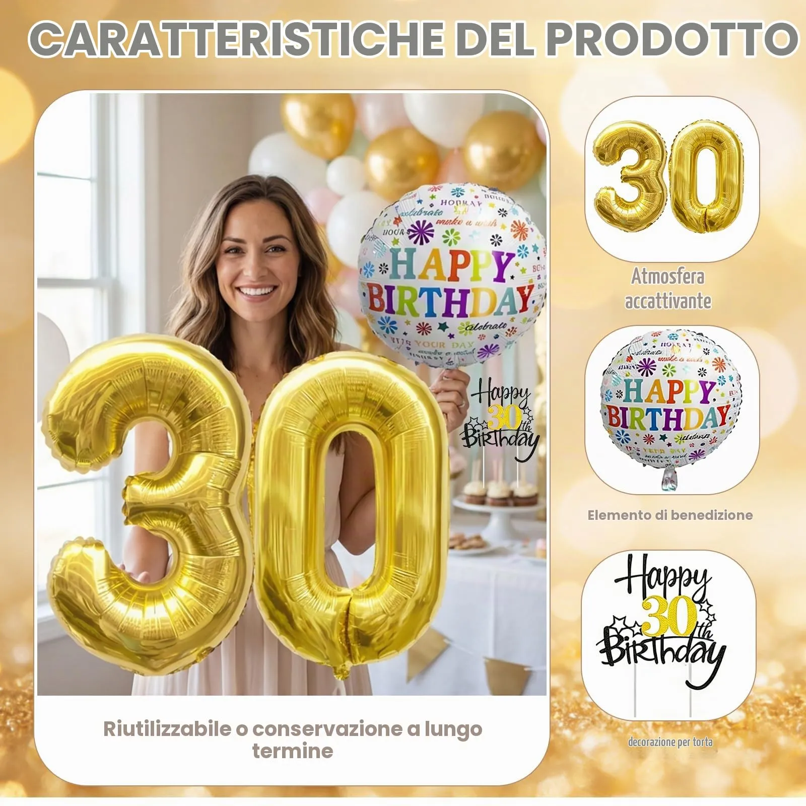 Palloncini 30° Compleanno Oro Giganti, Decorazioni 30 Anni Torta - immagine 4