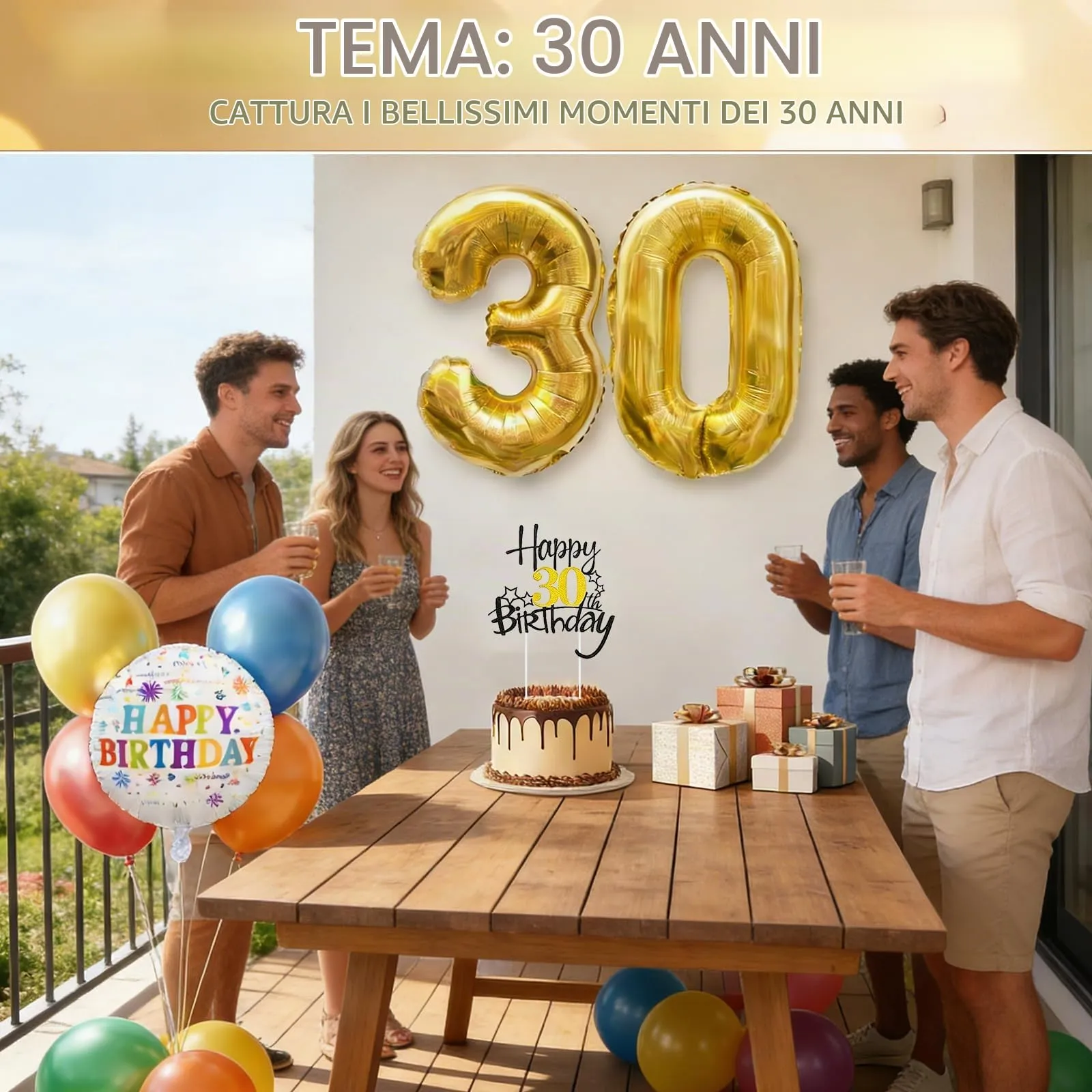Palloncini 30° Compleanno Oro Giganti, Decorazioni 30 Anni Torta - immagine 6