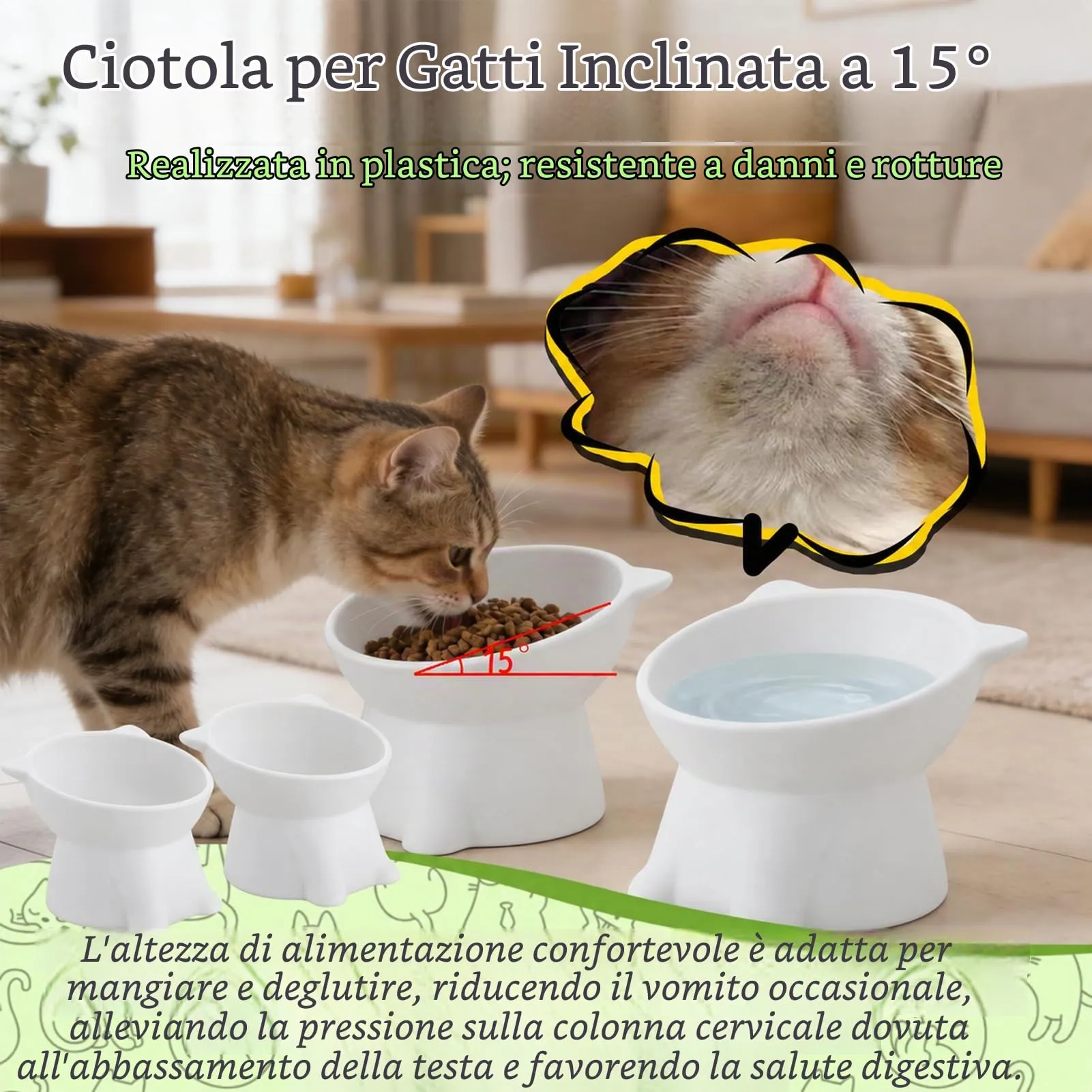 2 Pezzi Ciotole per Gatti Rialzate e Inclinate,Ciotola Acqua Gatto - immagine 6