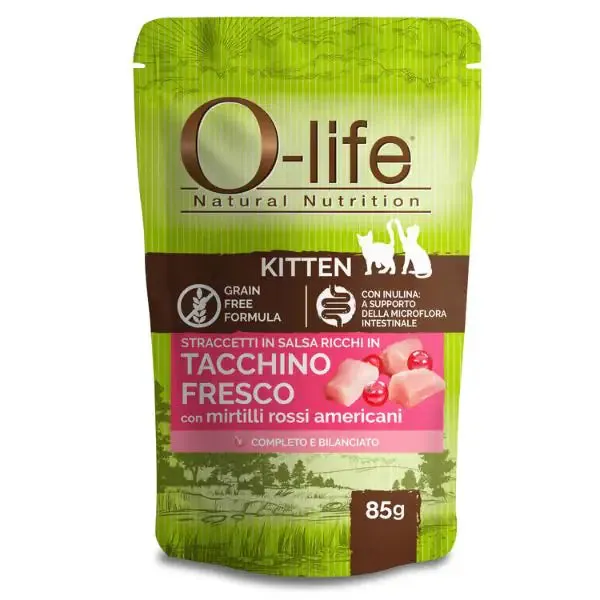 O-life Cat Kitten Grain Free Straccetti in salsa 85 gr Tacchino fresco con mirtilli rossi - confezione da 6 pezzi - Cibo umido per gatti - immagine 1