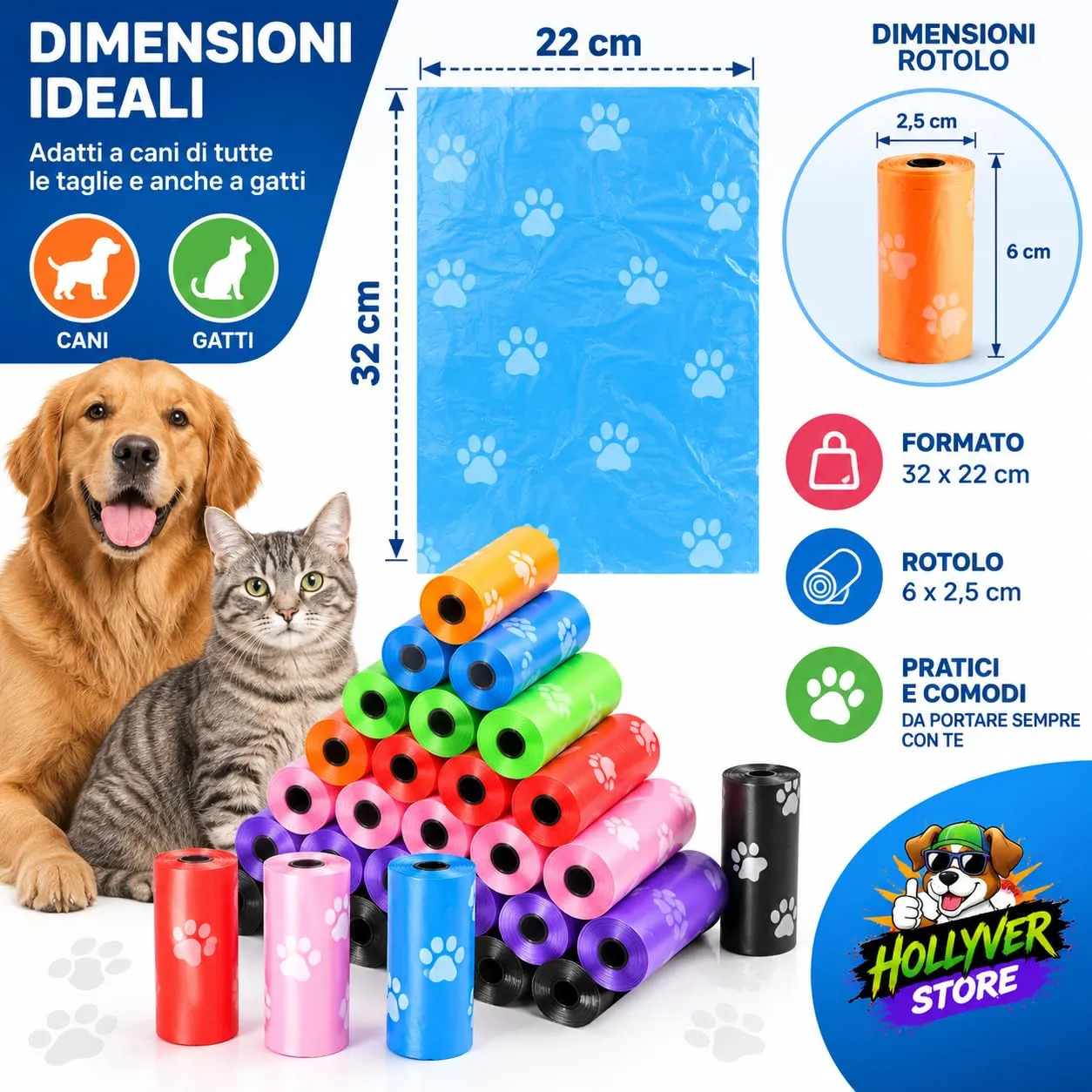 PACCO 360 SACCHETTI Pupu Cane Gatto, 24 Rotoli da 15 Sacchi 32 x 22 cm, Feci Cani e Gatti, Multi Colore Casuale, Spessi e Resistenti, Sacchetto Igienici per Passeggiate e Animali - immagine 2