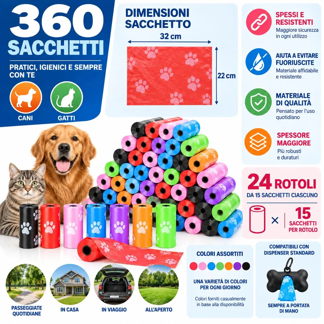 PACCO 360 SACCHETTI Pupu Cane Gatto, 24 Rotoli da 15 Sacchi 32 x 22 cm, Feci Cani e Gatti, Multi Colore Casuale, Spessi e Resistenti, Sacchetto Igienici per Passeggiate e Animali - immagine 3