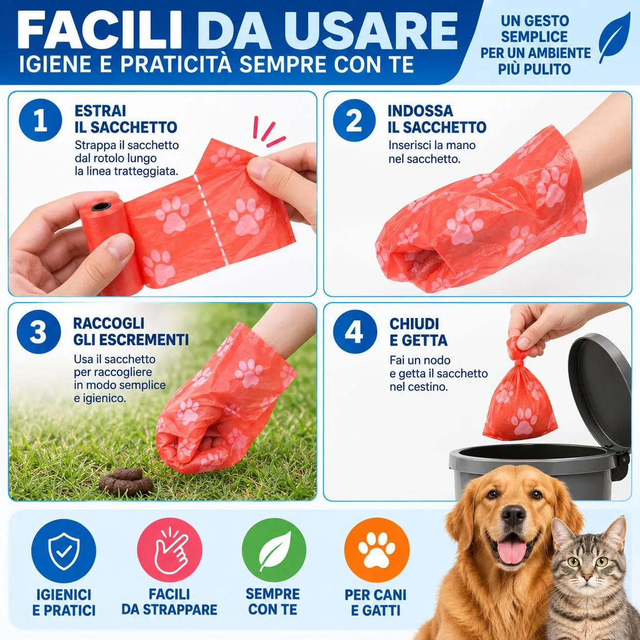 PACCO 360 SACCHETTI Pupu Cane Gatto, 24 Rotoli da 15 Sacchi 32 x 22 cm, Feci Cani e Gatti, Multi Colore Casuale, Spessi e Resistenti, Sacchetto Igienici per Passeggiate e Animali - immagine 4