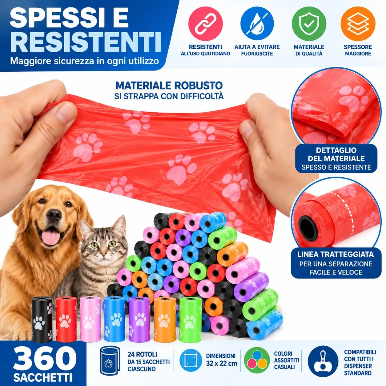 PACCO 360 SACCHETTI Pupu Cane Gatto, 24 Rotoli da 15 Sacchi 32 x 22 cm, Feci Cani e Gatti, Multi Colore Casuale, Spessi e Resistenti, Sacchetto Igienici per Passeggiate e Animali - immagine 6