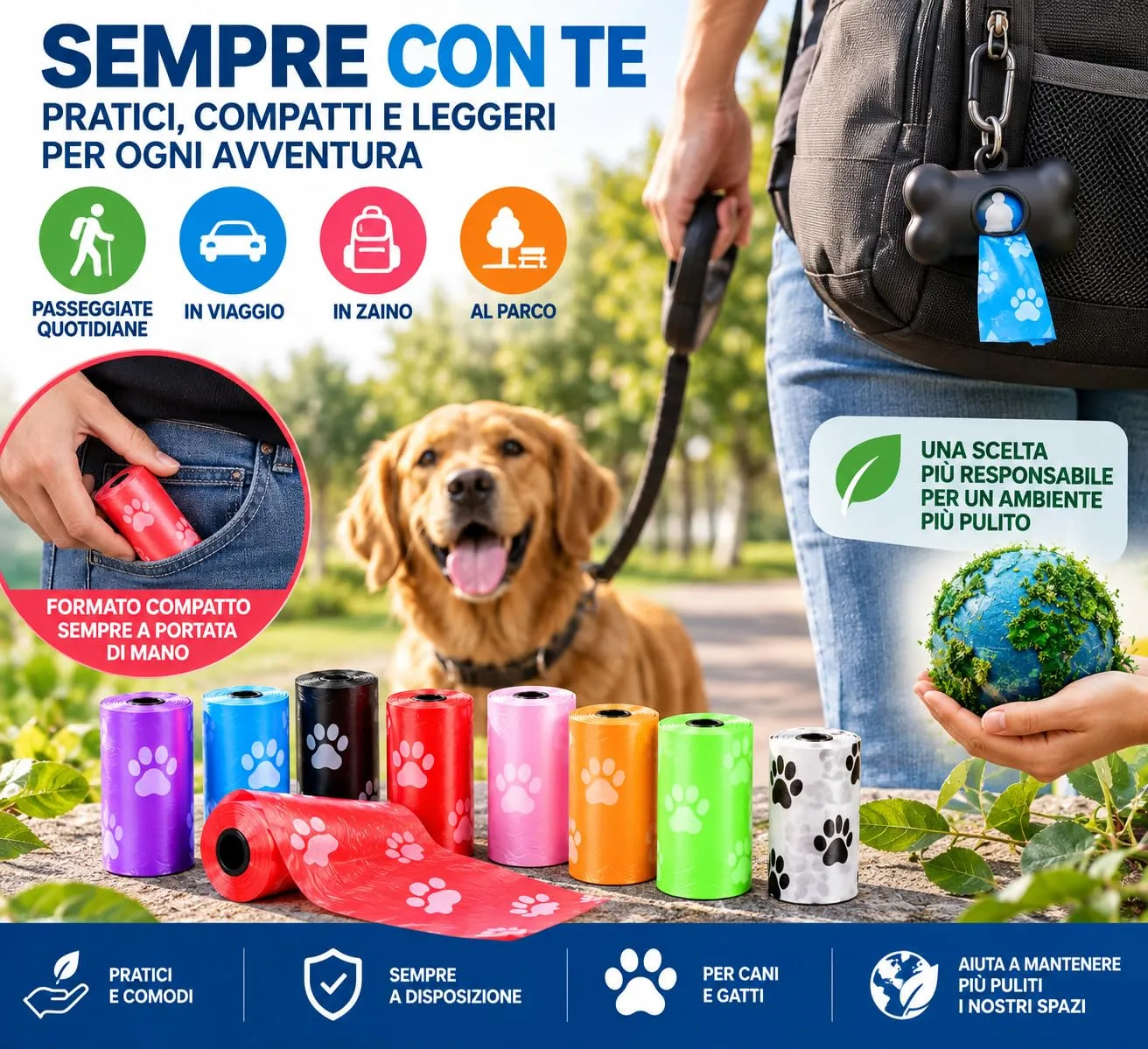 PACCO 360 SACCHETTI Pupu Cane Gatto, 24 Rotoli da 15 Sacchi 32 x 22 cm, Feci Cani e Gatti, Multi Colore Casuale, Spessi e Resistenti, Sacchetto Igienici per Passeggiate e Animali - immagine 7