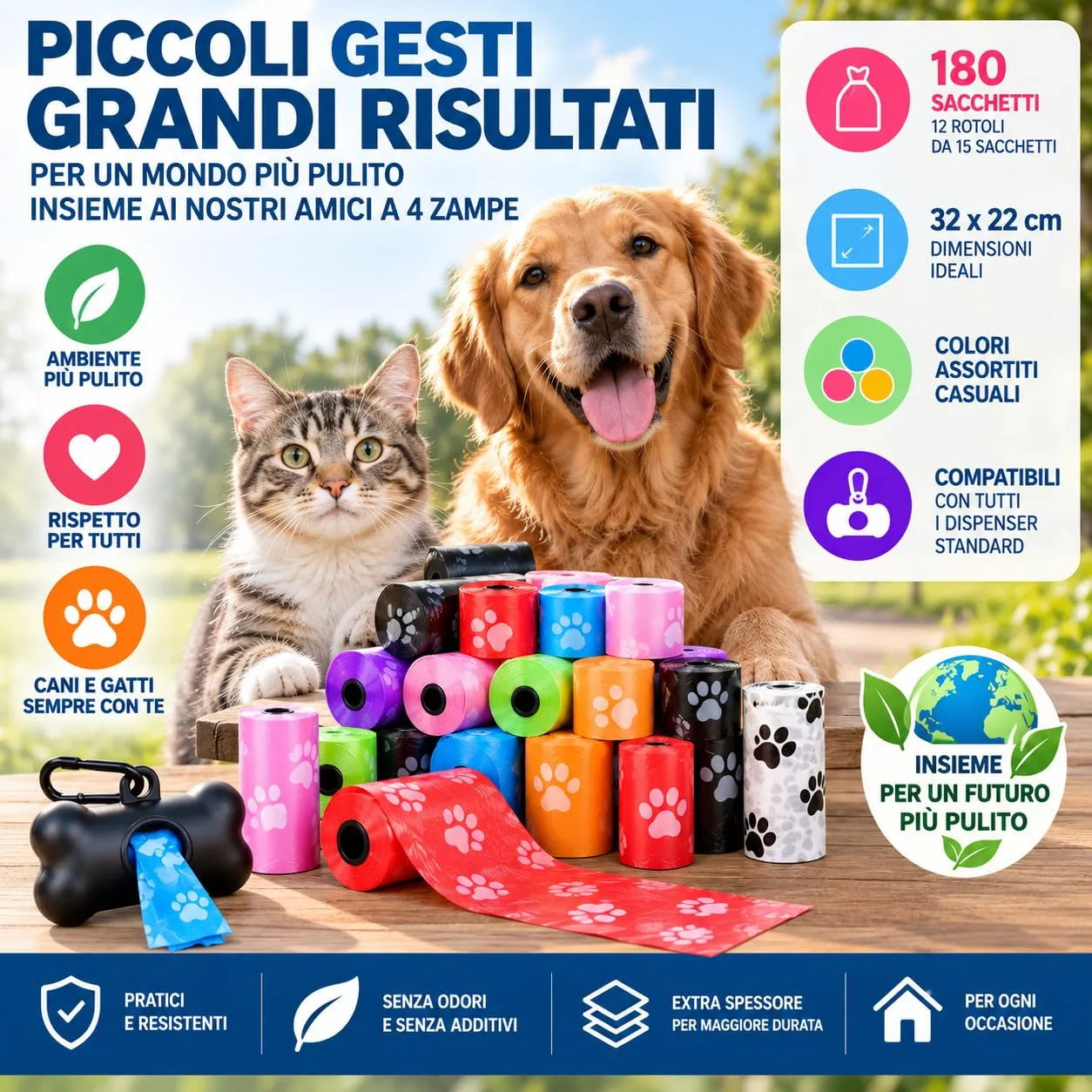 PACCO 360 SACCHETTI Pupu Cane Gatto, 24 Rotoli da 15 Sacchi 32 x 22 cm, Feci Cani e Gatti, Multi Colore Casuale, Spessi e Resistenti, Sacchetto Igienici per Passeggiate e Animali - immagine 8