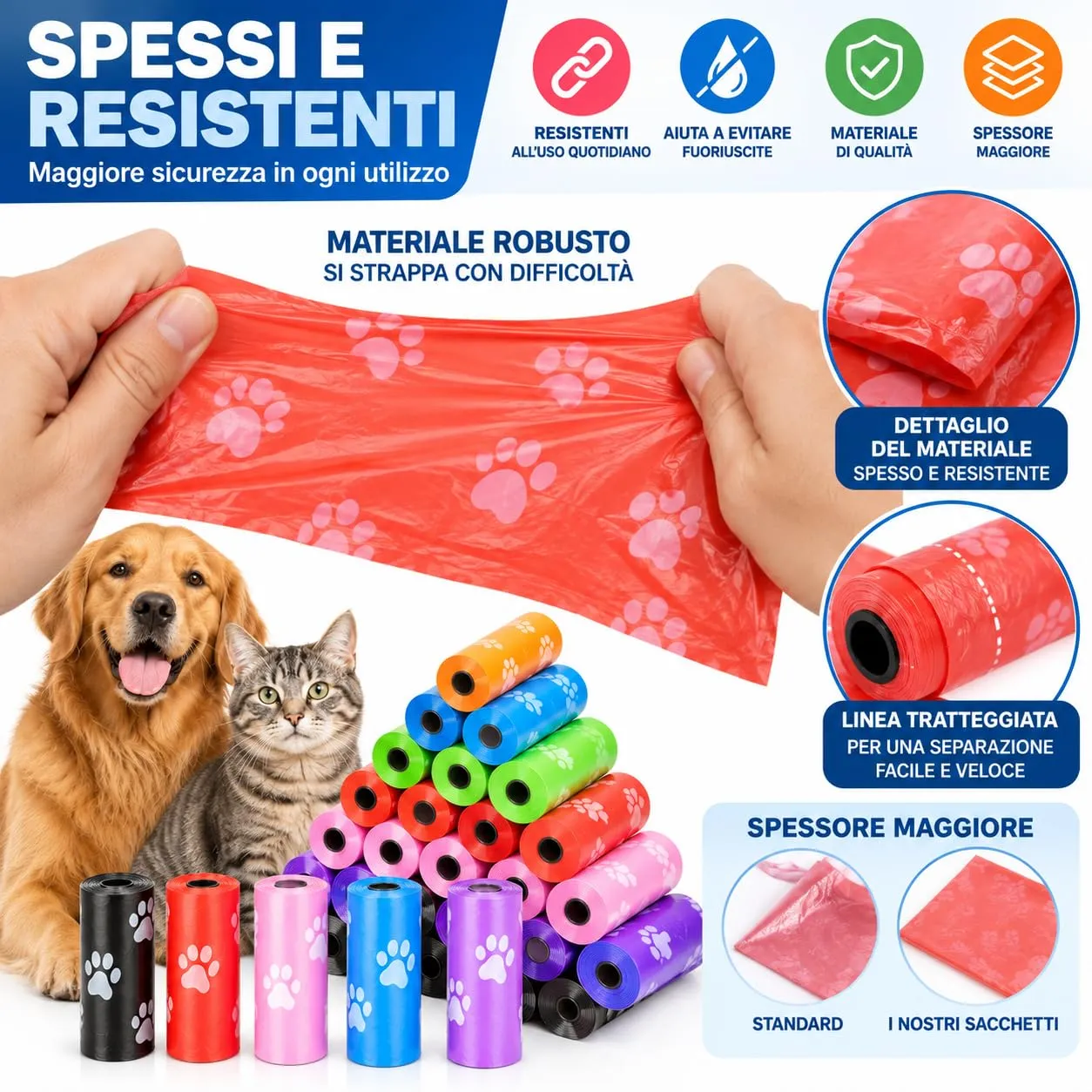 PACCO 360 SACCHETTI Pupu Cane Gatto, 24 Rotoli da 15 Sacchi 32 x 22 cm, Feci Cani e Gatti, Multi Colore Casuale, Spessi e Resistenti, Sacchetto Igienici per Passeggiate e Animali - immagine 9