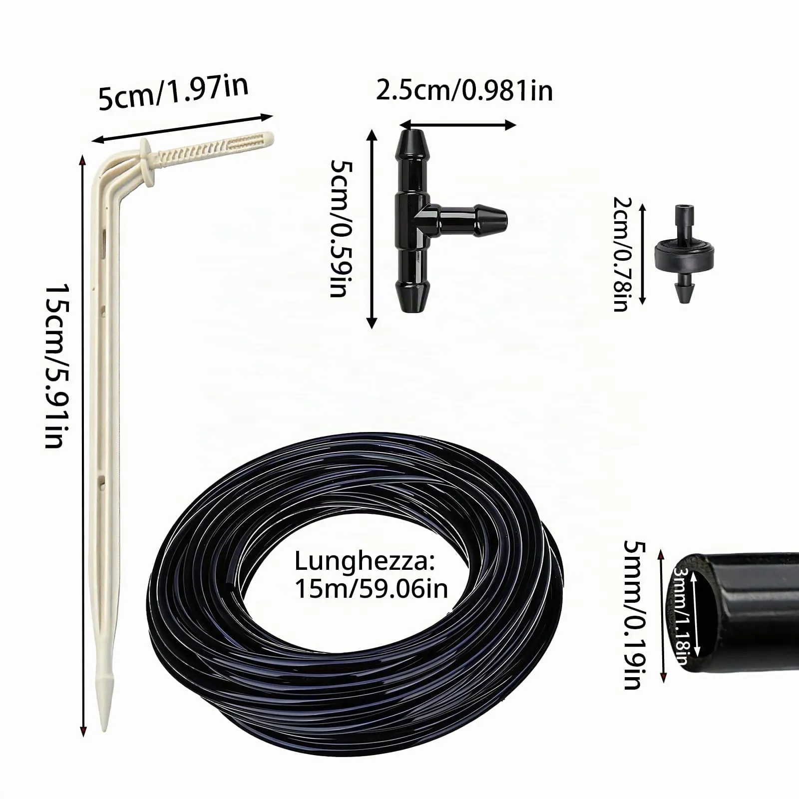 Kit Irrigazione a Goccia 3/5 mm, Tubo Irrigazione 15 M con 15 Raccordi a T/15 Gocciolatori, Tubo Irrigazione a Goccia Irrigazione Radicale per Orto e Giardino Prato - immagine 2