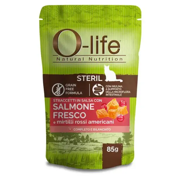 O-life Cat Sterilised Grain Free Straccetti in salsa 85 gr Salmone fresco - confezione da 6 pezzi - Cibo umido per gatti - immagine 1