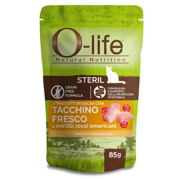 O-life Cat Sterilised Grain Free Straccetti in salsa 85 gr Tacchino fresco - confezione da 6 pezzi - Cibo umido per gatti - immagine 1
