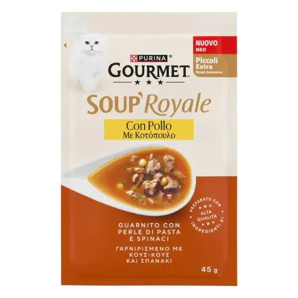 Purina Gourmet Soup Royale Filetti in brodo di cottura 45 gr Pollo - confezione da 12 pezzi - Cibo umido per gatti - immagine 1