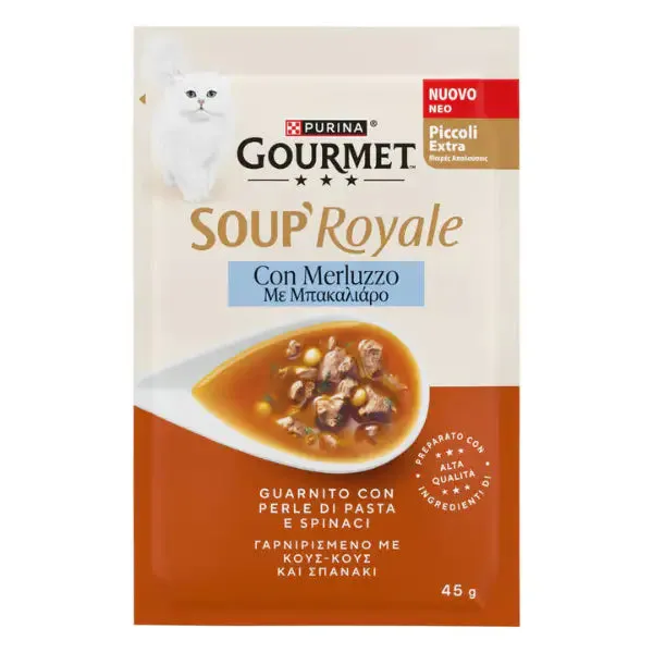 Purina Gourmet Soup Royale Filetti in brodo di cottura 45 gr Merluzzo - confezione da 12 pezzi - Cibo umido per gatti - immagine 1