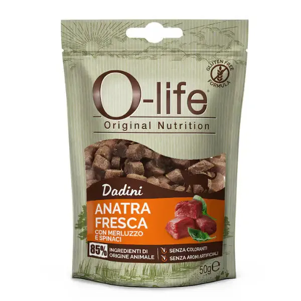 O-life Adult Snack per gatti Dadini Carne fresca 50 gr Anatra con merluzzo e spinaci - immagine 1