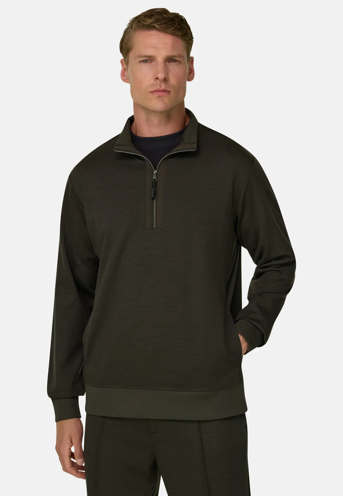 Boggi, Felpa Mezza Zip In Misto Lana Wooltech, Uomo, Militare, Taglia: XL - immagine 1