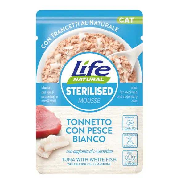 Life Cat Natural Sterilised Bustine 70 gr Tonnetto con pesce bianco - confezione da 30 pezzi - Cibo umido per gatti - immagine 1