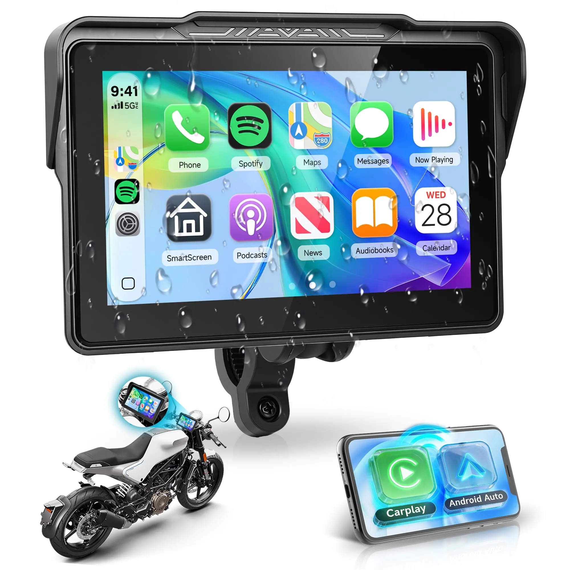 Rimoody Wireless Carplay Display Motociclo Android Auto, 7 Pollici Touchscreen Car play Autoradio Portatile per Motorbike, CarPlay Monitor per Moto Bluetooth/IP68 Impermeabile/Controllo Vocale/Navi - immagine 1