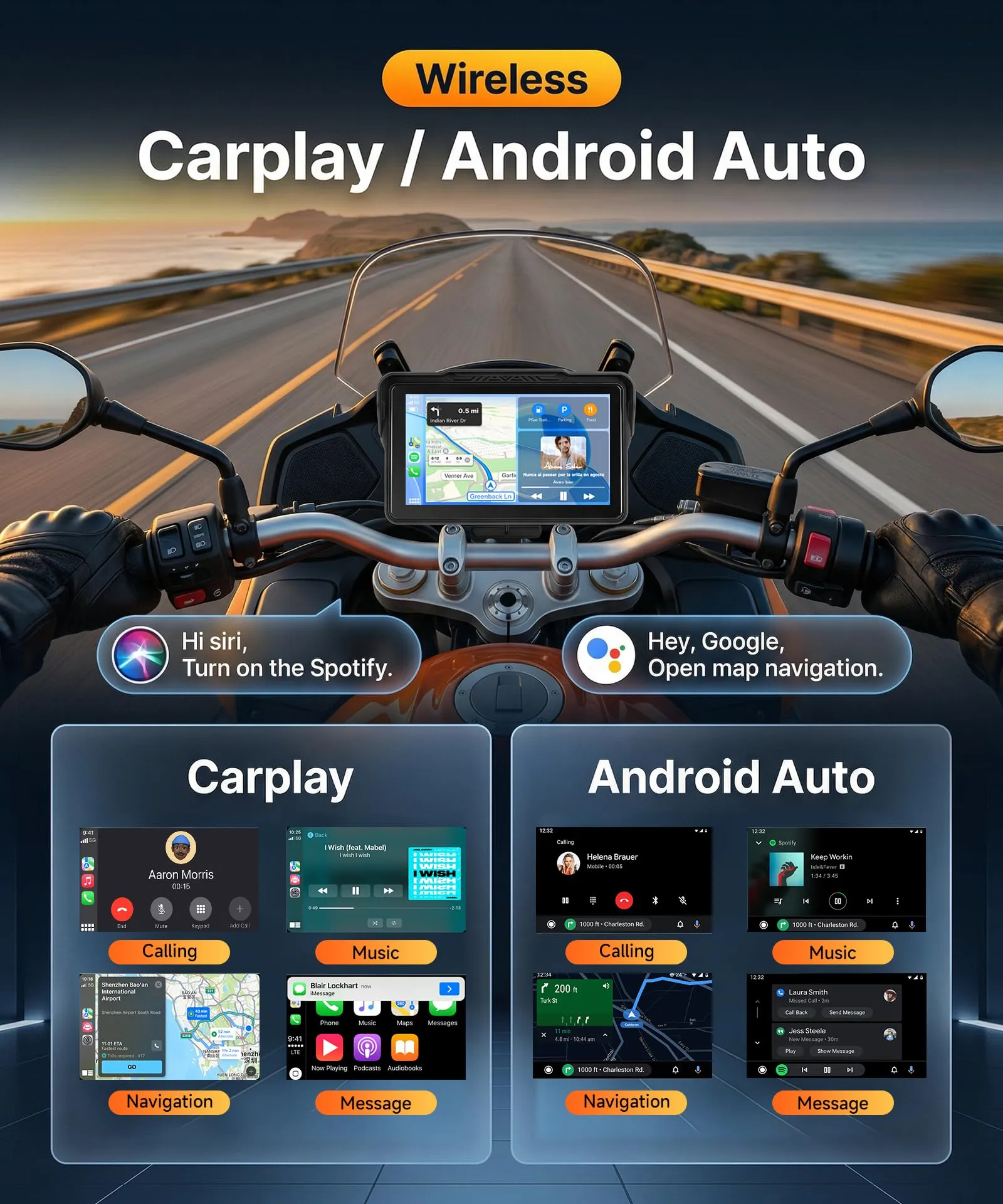 Rimoody Wireless Carplay Display Motociclo Android Auto, 7 Pollici Touchscreen Car play Autoradio Portatile per Motorbike, CarPlay Monitor per Moto Bluetooth/IP68 Impermeabile/Controllo Vocale/Navi - immagine 2