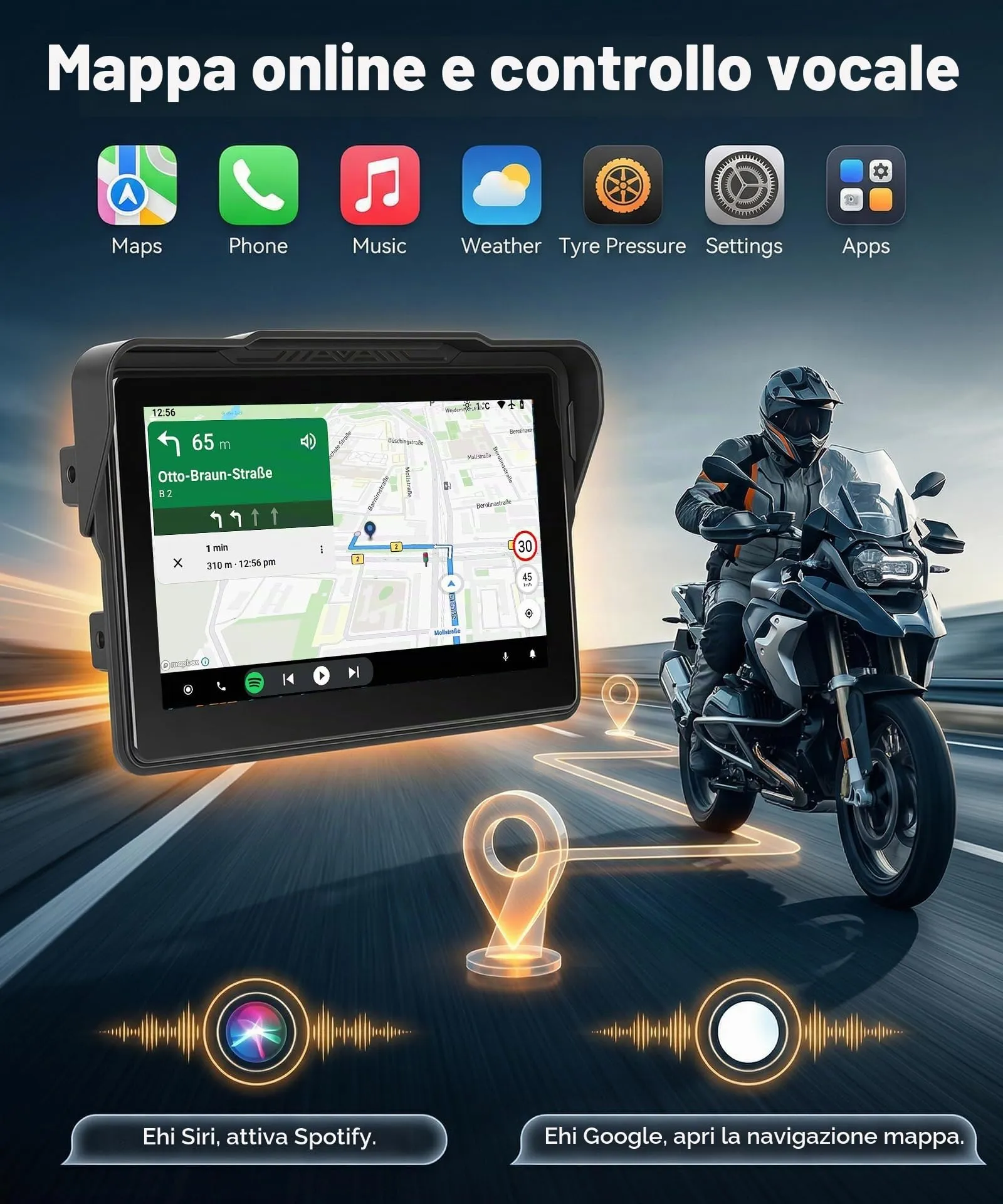 Rimoody Wireless Carplay Display Motociclo Android Auto, 7 Pollici Touchscreen Car play Autoradio Portatile per Motorbike, CarPlay Monitor per Moto Bluetooth/IP68 Impermeabile/Controllo Vocale/Navi - immagine 3