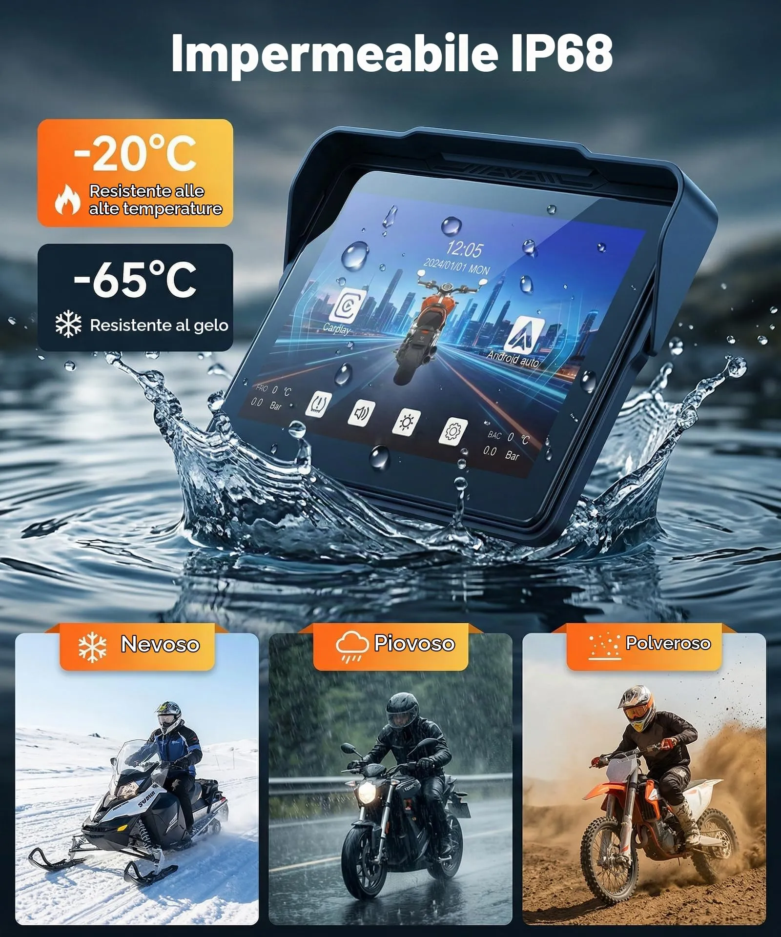 Rimoody Wireless Carplay Display Motociclo Android Auto, 7 Pollici Touchscreen Car play Autoradio Portatile per Motorbike, CarPlay Monitor per Moto Bluetooth/IP68 Impermeabile/Controllo Vocale/Navi - immagine 6