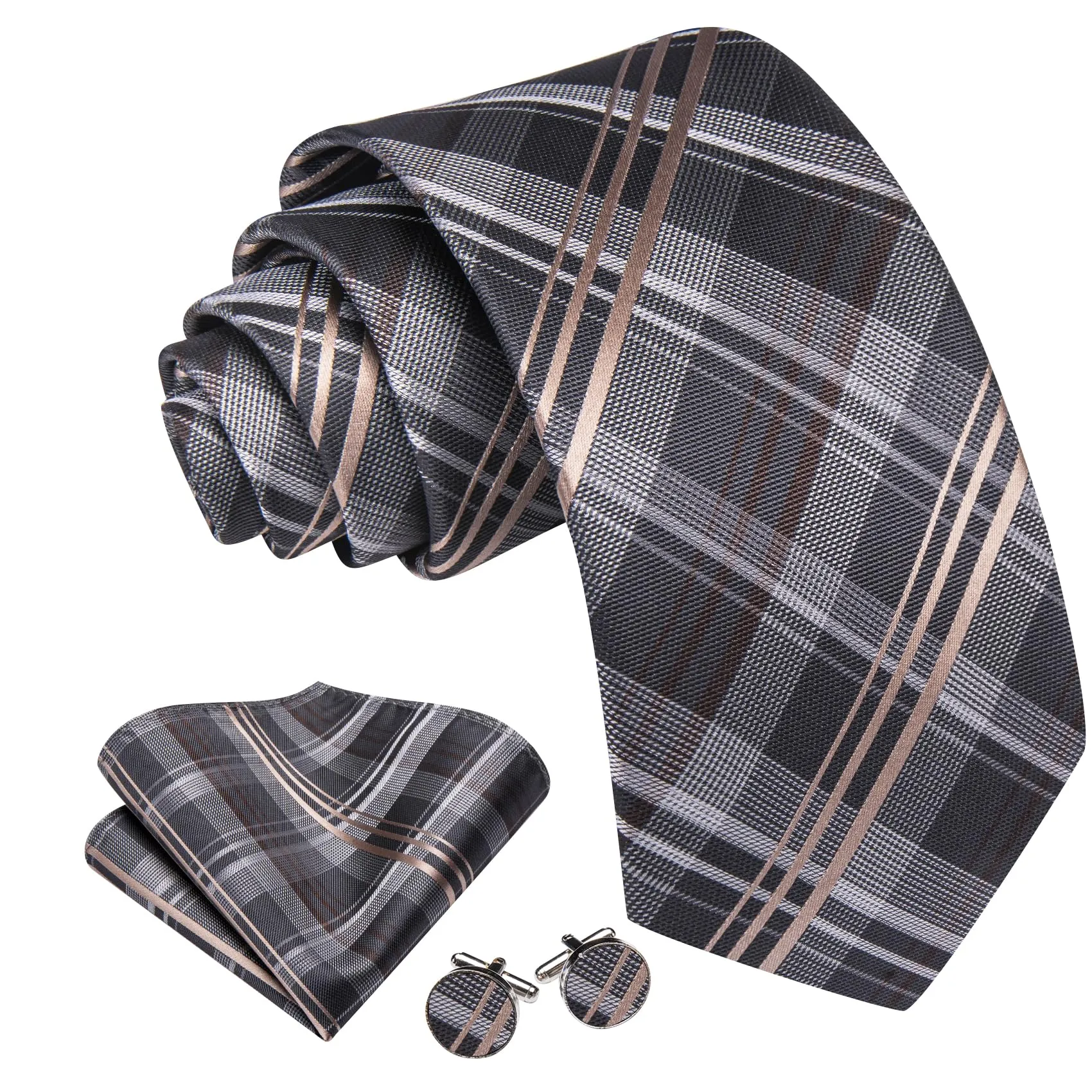 Barry.Wang - Set da uomo, con cravatta a righe a quadri in seta, pochette quadrata, fermacravatta, gemelli, 4 pezzi, stile classico, per lavoro e matrimoni, Grigio e beige. - immagine 2