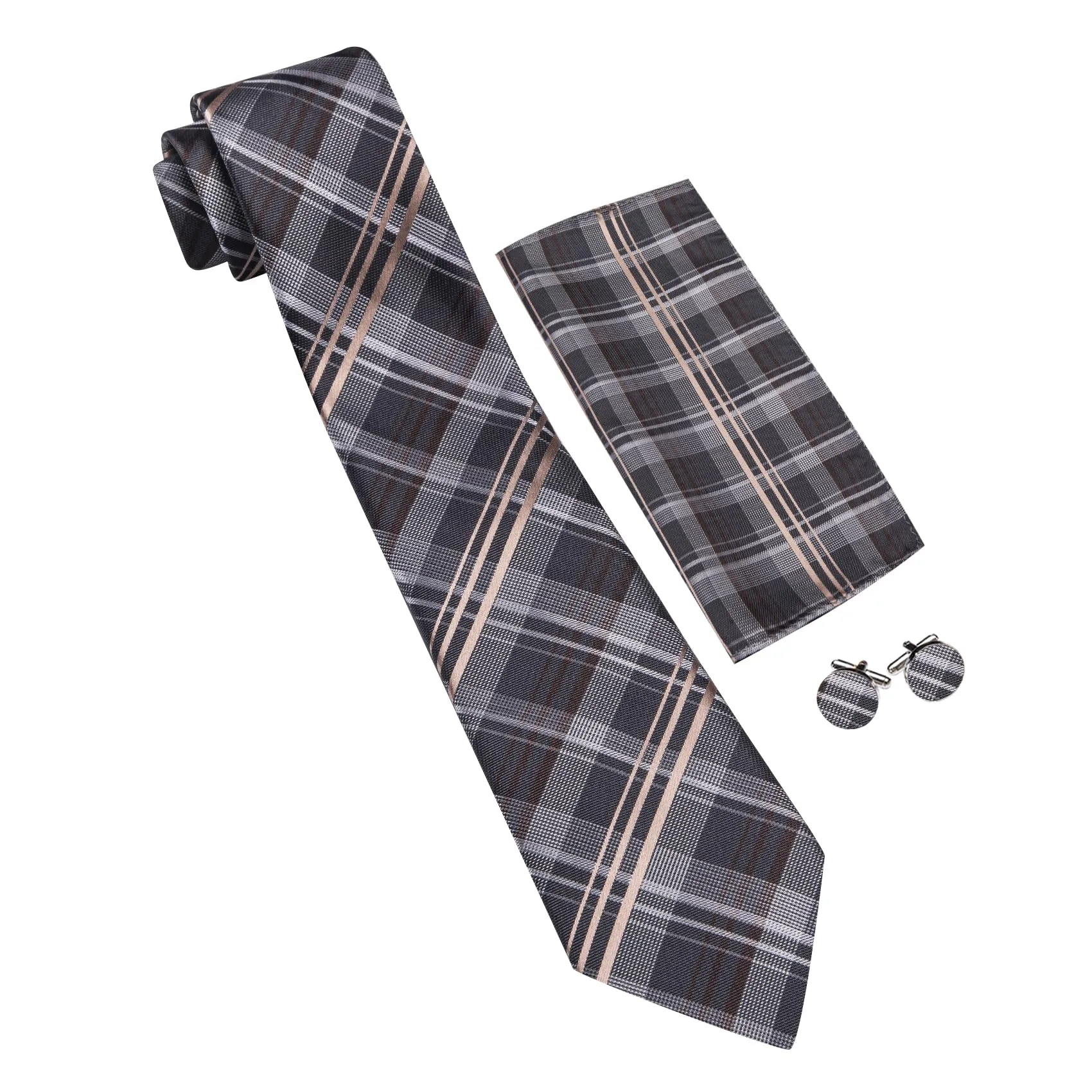 Barry.Wang - Set da uomo, con cravatta a righe a quadri in seta, pochette quadrata, fermacravatta, gemelli, 4 pezzi, stile classico, per lavoro e matrimoni, Grigio e beige. - immagine 3