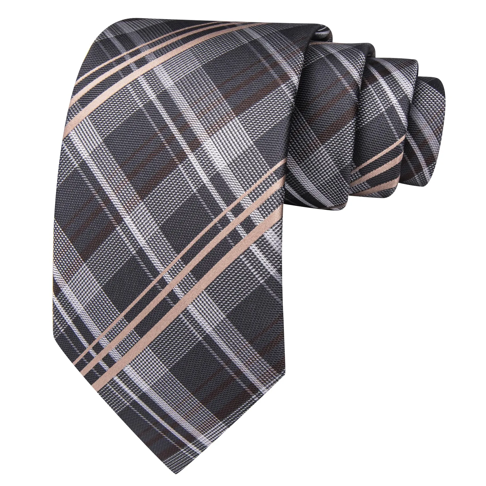 Barry.Wang - Set da uomo, con cravatta a righe a quadri in seta, pochette quadrata, fermacravatta, gemelli, 4 pezzi, stile classico, per lavoro e matrimoni, Grigio e beige. - immagine 4