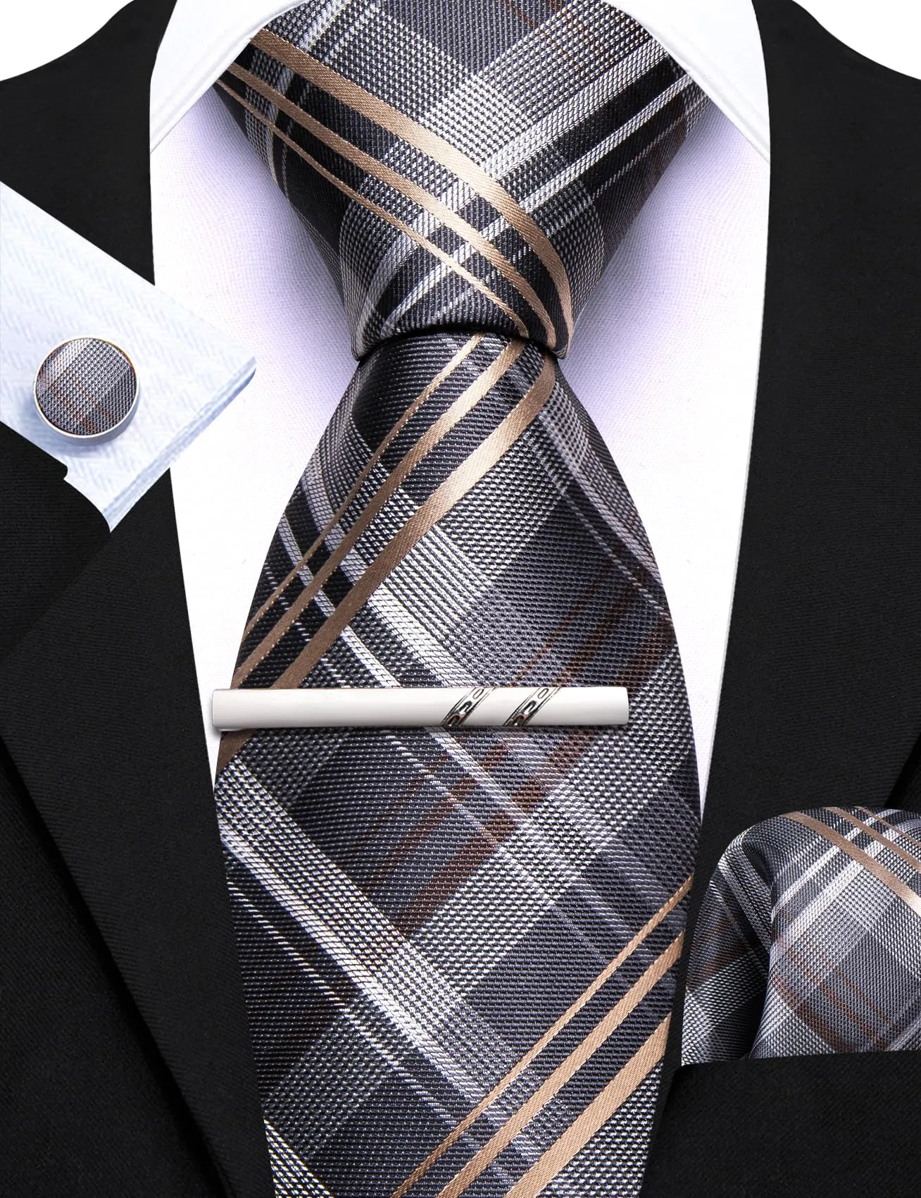 Barry.Wang - Set da uomo, con cravatta a righe a quadri in seta, pochette quadrata, fermacravatta, gemelli, 4 pezzi, stile classico, per lavoro e matrimoni, Grigio e beige. - immagine 5