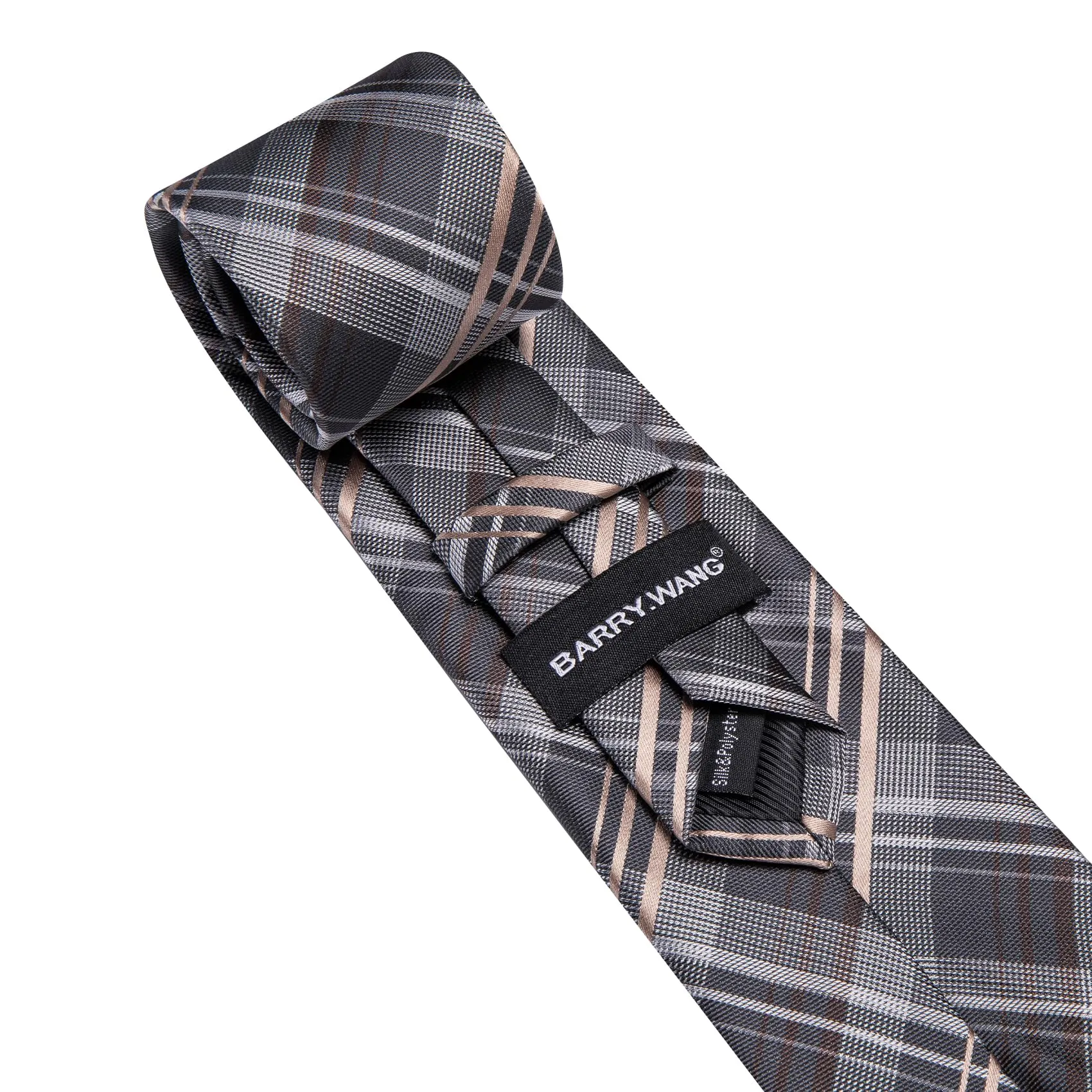 Barry.Wang - Set da uomo, con cravatta a righe a quadri in seta, pochette quadrata, fermacravatta, gemelli, 4 pezzi, stile classico, per lavoro e matrimoni, Grigio e beige. - immagine 6