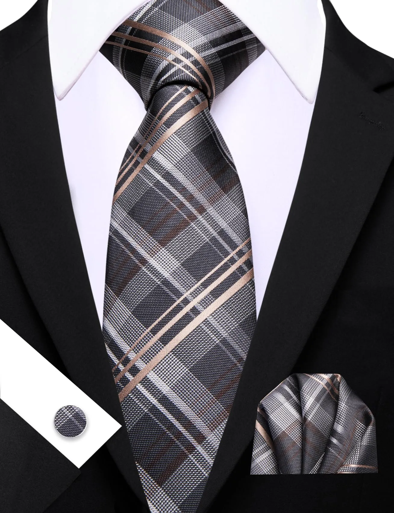 Barry.Wang - Set da uomo, con cravatta a righe a quadri in seta, pochette quadrata, fermacravatta, gemelli, 4 pezzi, stile classico, per lavoro e matrimoni, Grigio e beige. - immagine 7