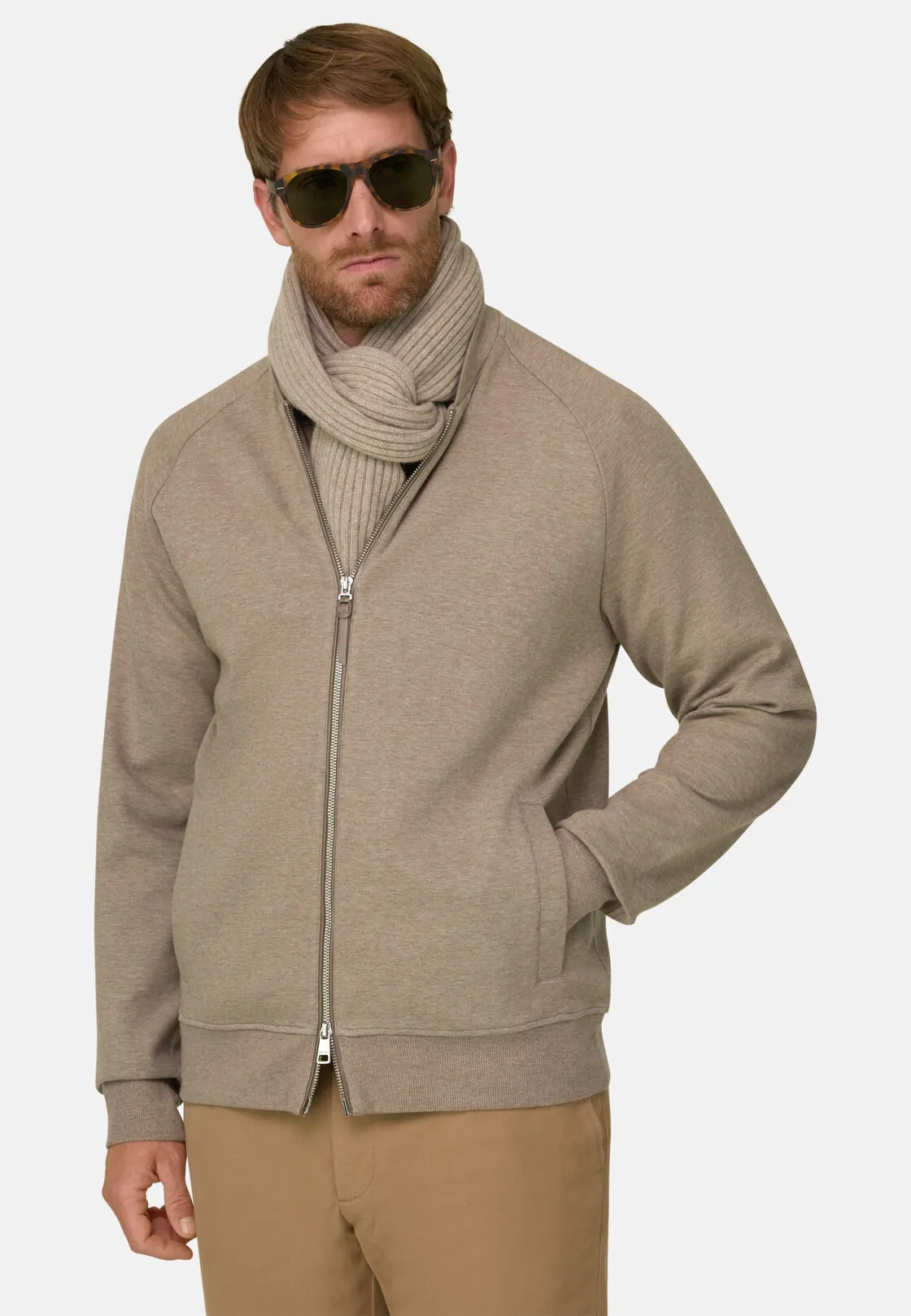 Boggi, Felpa Full Zip In Misto Cotone Scuba Melange, Uomo, Biscotto, Taglia: L - immagine 1