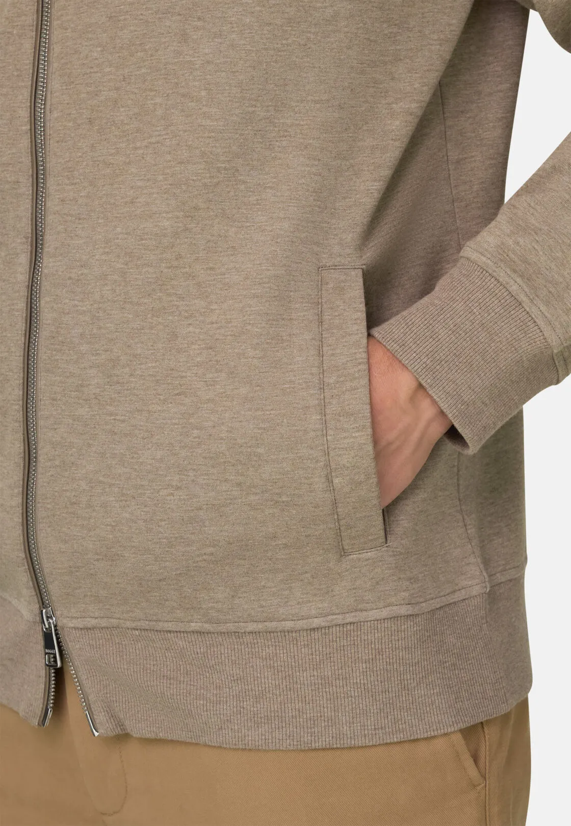 Boggi, Felpa Full Zip In Misto Cotone Scuba Melange, Uomo, Biscotto, Taglia: L - immagine 3