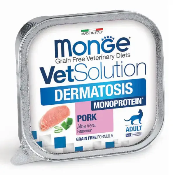 Monge VetSolution Feline Dermatotis Monoprotein Grain Free 100 gr Maiale - confezione da 6 pezzi - Dieta veterinaria per gatti - immagine 1