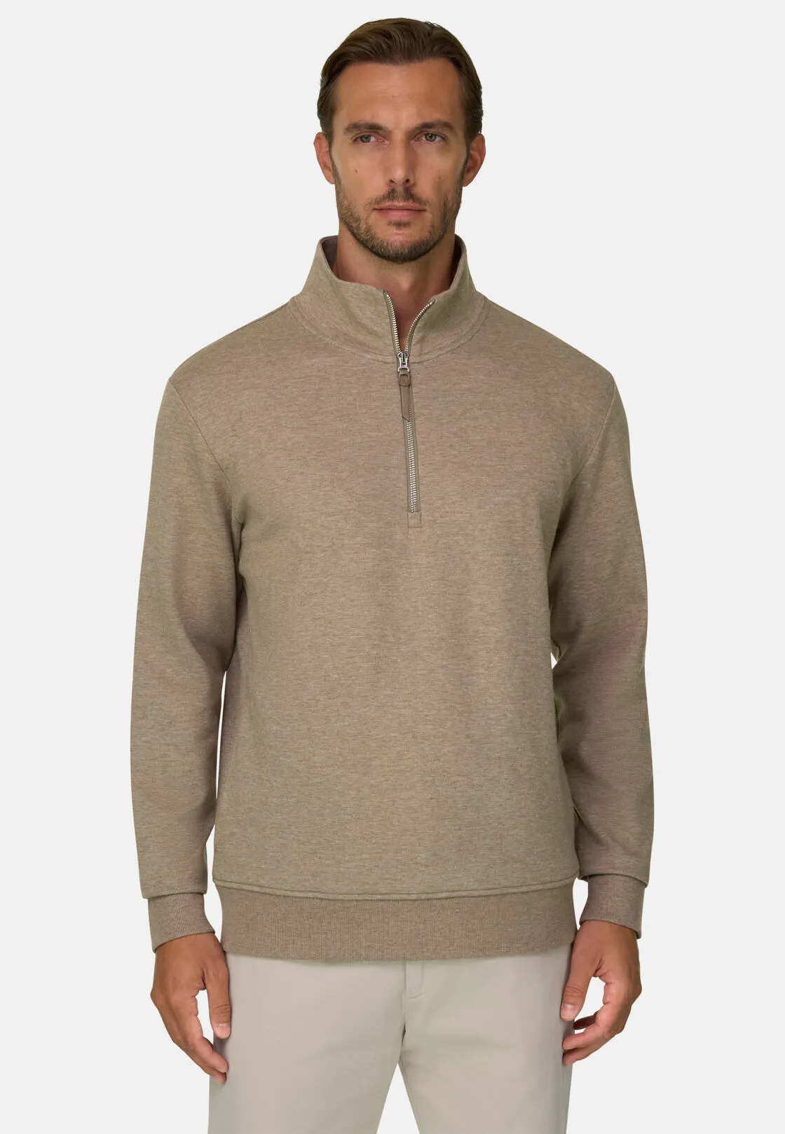 Boggi, Felpa Mezza Zip In Misto Cotone Scuba Melange, Uomo, Biscotto, Taglia: XL - immagine 1